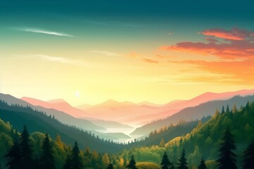 forest on the mountain light fall on clearing on mountains at sunset sky background, Generative AI