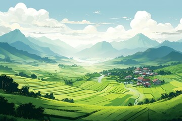 Rural scene village mountains clouds. Generate Ai