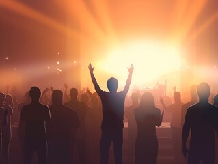 Christian worship God together in Church hall in front of music stage, Generative AI