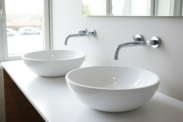 Obraz na płótnie Canvas Sinks minimalist bathroom. Generate Ai