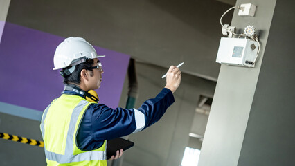 Building inspector man using digital tablet pointing at wall mounted emergency light. Asian male...