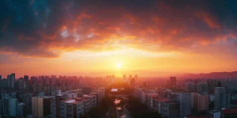 City day concept: Beautiful sunset sky over city, Generative AI
