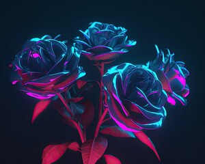 Bouquet of roses on dark background, neon light
