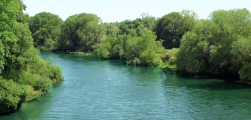 Fototapeta na wymiar wide river Surrounded by the nature of green trees and rivers during the day