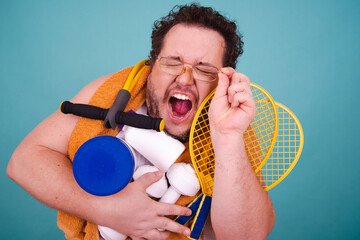 Funny fat man goes in for sports and eats right.