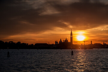 Panoramic view of Saint Mark’s Basilica and a cloudy sunset in Venice Italy