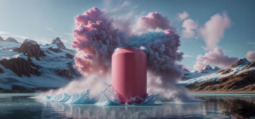 Fantastical Pink Soda Can Explosion in Mountainous Landscape. Pink soda can mockup design