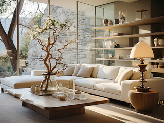 Minimalist style home interior design of modern living room. White corner sofa against floor to ceiling window near shelving unit.