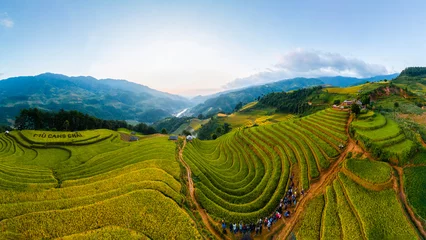 Fotobehang Rijstvelden Majestic terraced fields in Mu Cang Chai district, Yen Bai province, Vietnam. Rice fields ready to be harvested in Northwest Vietnam.