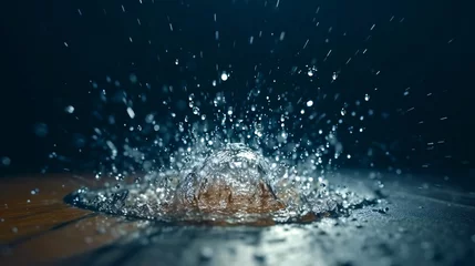 Fotobehang 透明な水が床に落ちてはねる瞬間の液体のアップ © tota