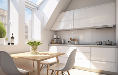 Fototapeta na wymiar Bright white kitchen in modern attic apartment with big windows and sun light. Clean and neat flat for rent. Generative ai.
