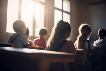 Back view of young children in school classroom