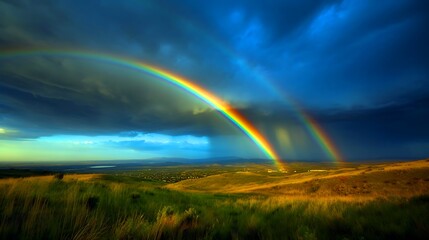 Fototapeta na wymiar 二重虹（ダブルレインボー）、空にかかる大きな虹の風景
