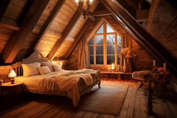 Illustration of wooden attic interior with bed of old house
