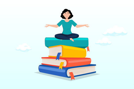 Smart success businesswoman meditating and learn new skill on stack of business books, best book to help entrepreneur success in business, knowledge or skill to succeed and overcome obstacle (Vector)