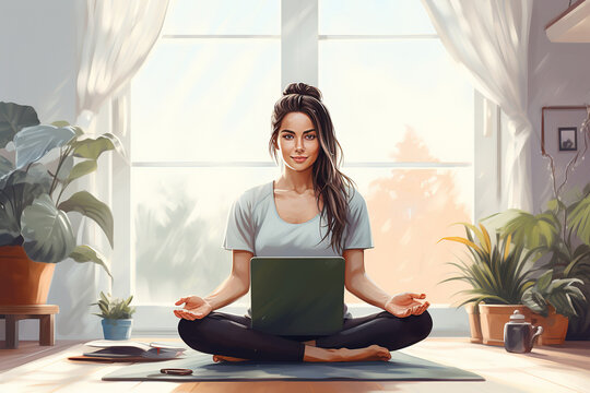 Young woman doing Pilates virtual fitness class with laptop at home - Sport wellness people lifestyle concept
