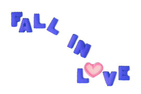 Typography of FALL IN LOVE spelled with blue alphabet cookies and pink marshmallow on transparent backdrop, png file