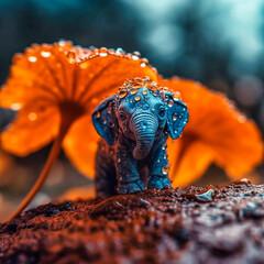 A tiny elephant hanging from the tip of a bright flower, Generative AI