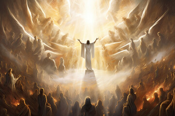 Jesus reaches out to heavenly light surrounded by angels and followers in heaven
