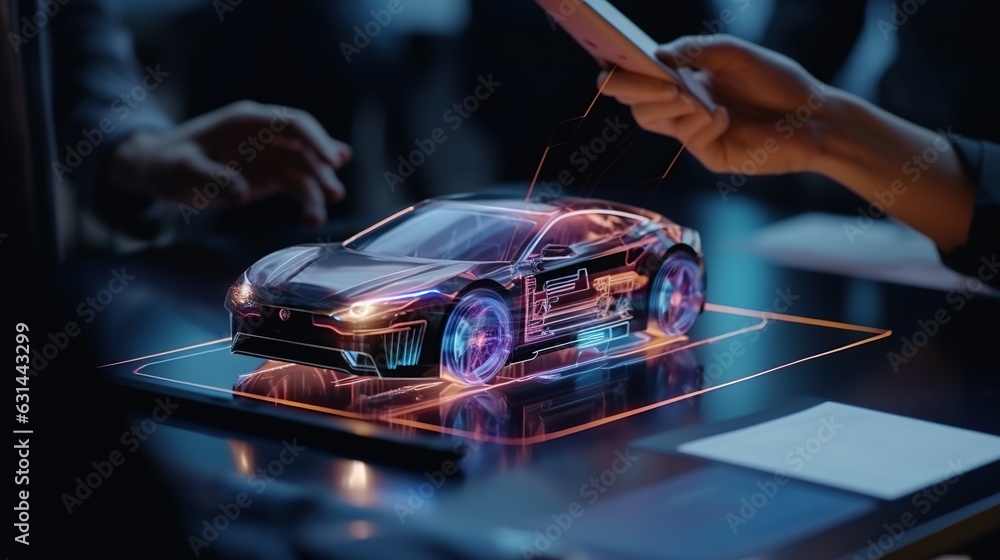 Poster car design engineers using holographic app in digital tablet