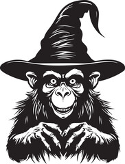 Halloween monkey in a witch hat, Vintage Scary Halloween monkey, Vector illustration, SVG