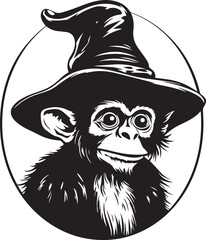 Halloween monkey in a witch hat, Vintage Scary Halloween monkey, Vector illustration, SVG