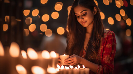 The young indian lady is lighting a candle while celebrating diwali, diwali stock images, realistic stock photos