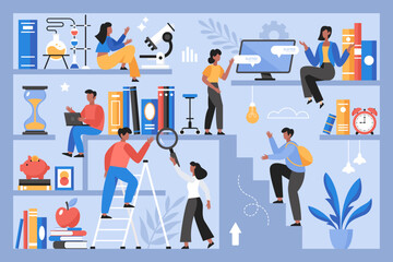 Back to school concept.  School students in library doing research.  Modern vector illustration of people studing and learning