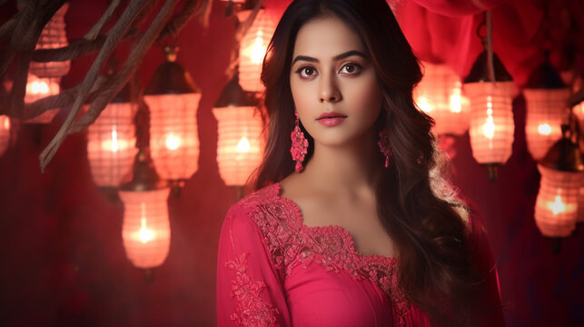 A young woman wearing a traditional red top, diwali stock images, realistic stock photos