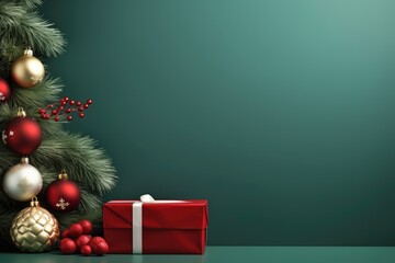 Merry Christmas banner with blank space for text, green background, giftboxes, fir tree branches, red and green ornaments 
