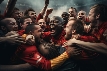 Players of soccer celebrating together after a successful play in football field
