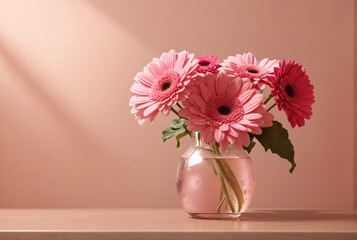 Pink gerbera flowers in a vase on beige table with pink wall background. High Quality Image. Generative Ai
