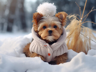 Yorkshire Terrier dog with brown and tan fur wearing a beige sweater, sitting in a bed of snow with dried grasses and a snowy forest in the background. 