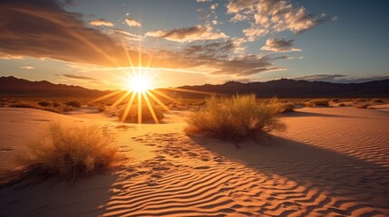landscape of desert dunes at sunset with blue sky. 