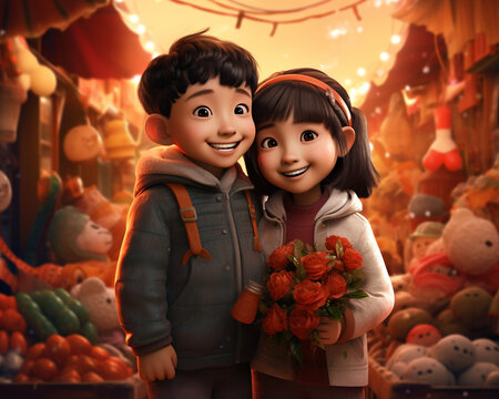 Two young chinese kids ad, diwali stock images, cartoon illustration art