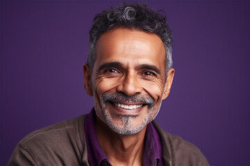 Fototapeta premium Indian mature adult man smiling on a violet background