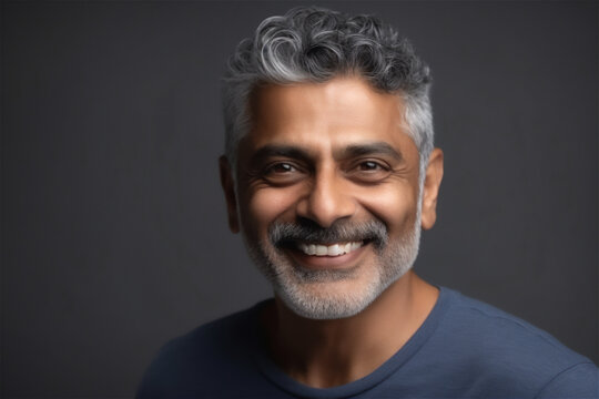  Indian mature adult man smiling on a grey background