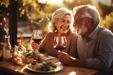 Happy senior couple having fun with eating and drinking red wine at dinner barbecue party outdoor , Youth and elderly weekend lifestyle activities - Focus on wineglass