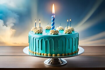 Generate a realistic AI image of a birthday cake adorned with lit candles, ensuring it's captured in stunning HD quality, with a focus on the cake's textures and the warm glow of the flames.