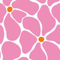 Abstract Daisy Seamless Pattern. Matisse curves aesthetic. Doodle flowers in Naive Hippie 1970 style. Trendy Groovy Floral Vector Illustration in pink and orange colors for T-Shirts, Wallpaper, Case