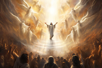 Jesus ascending with angels and followers, healing all in Heaven - obrazy, fototapety, plakaty
