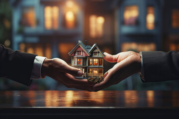 Real estate agent, Hands holding in a house for Buying or rental or sales background - obrazy, fototapety, plakaty