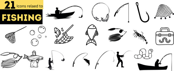 21 Fishing Icons Vector Illustration. The icons are vector illustrations, so they can be scaled to any size without losing quality. - obrazy, fototapety, plakaty