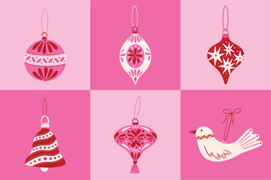 Set of beautiful Christmas ornaments illustration elements for tree. Collection of pink and red Xmas ball, baubles, hanging toy, bell, hand drawn illustration. Winter holiday season decoration sticker