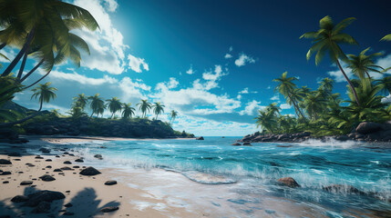 Tropical paradise beach with white sand and coco palms travel tourism.