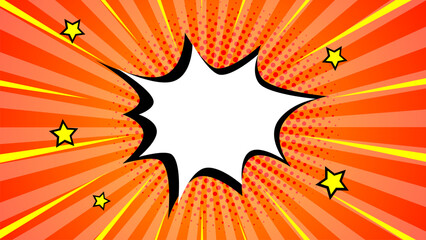 Pop art halftone background. Comic starburst pattern. Banner with star speech bubble. Vintage duotone texture. Gradient wow design. Cartoon superhero print. Vector illustration.