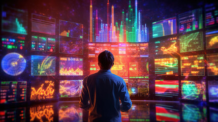 Businessman looking at neon financial charts on screens. Analytics business concept. Generative ai