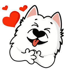 Samoyed dog in love presses its paws to itself. Happy character, cartoon style illustration