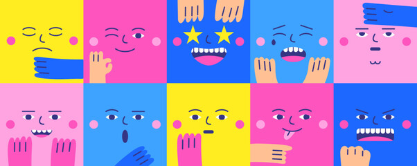Square faces with emotion collection. Cute hand drawn doodle flat style people emoji icons with hands showing feelings. Cartoon funny style icons set, vector illustration.