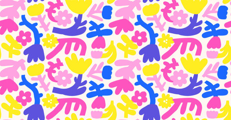 Seamless pattern background with flowers and plants. Cute hand drawn doodle nature elements.